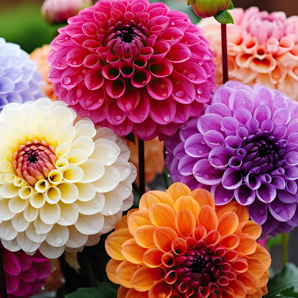 5 Dahlias pompons colorés en mélange - Des bouquets tout l'été
